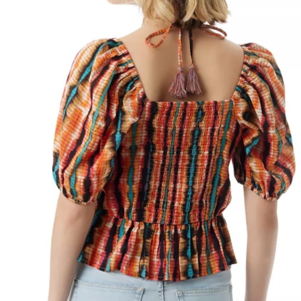 Jessica Simpson Vibrant Striped Puff Sleeve Cropped Blouse NEW